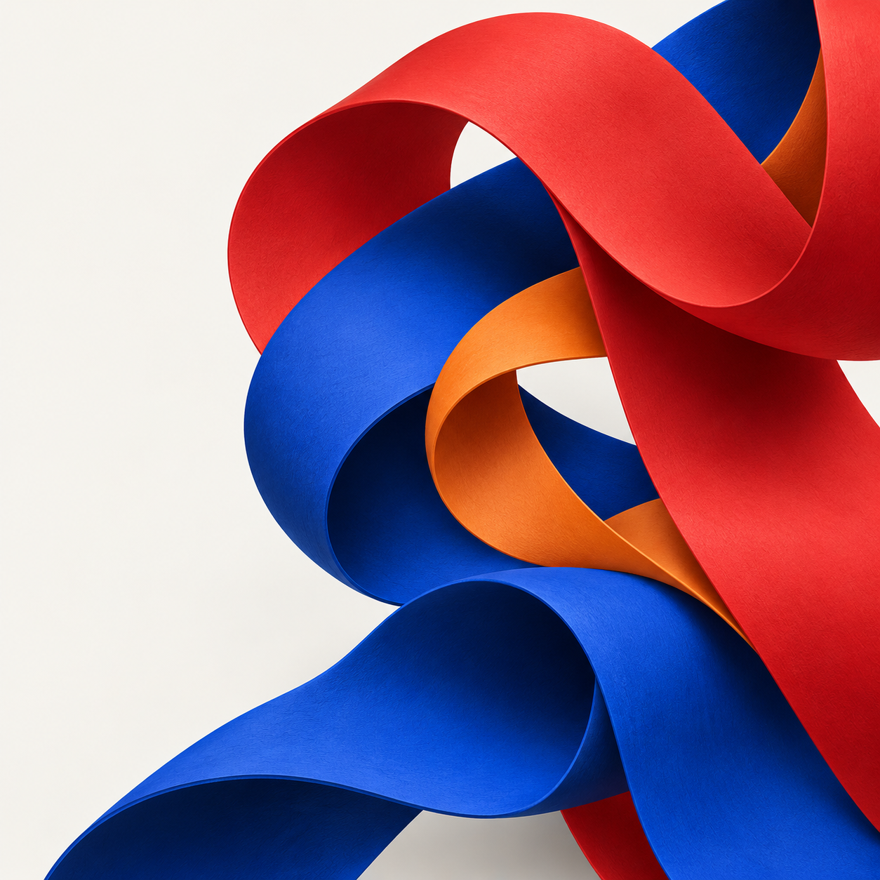 Sculptural cobalt, red, and orange ribbons unfolding together